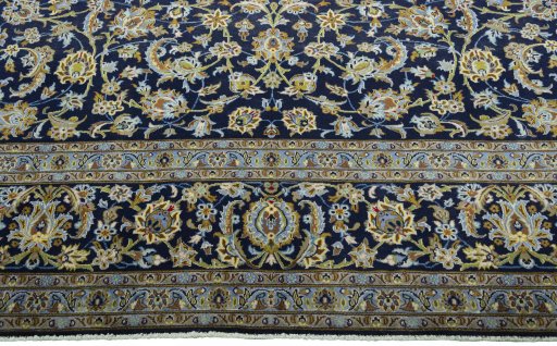 Full view of 2000s Kashan rug from Iran / Persia, 384 × 281 cm in Blue tones