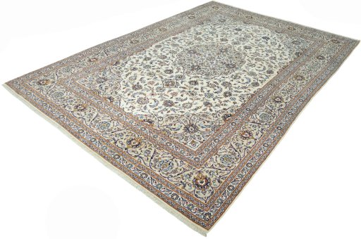 Corner detail of 2000s Kashan rug showing border pattern and Wool pile