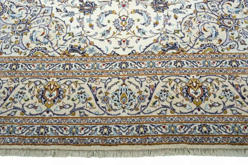 Full view of 2000s Kashan rug from Iran / Persia, 380 × 257 cm in Beige tones