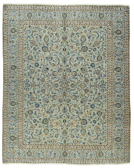 Full view of 1970s Kashan rug from Iran / Persia, 365 × 295 cm in Green tones