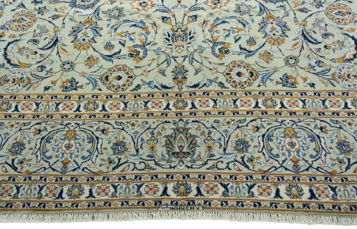 Full view of 1970s Kashan rug from Iran / Persia, 365 × 295 cm in Green tones