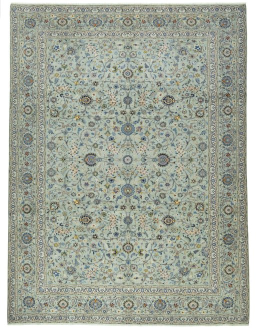 Full view of 2000s Kashan rug from Iran / Persia, 437 × 326 cm in Green tones