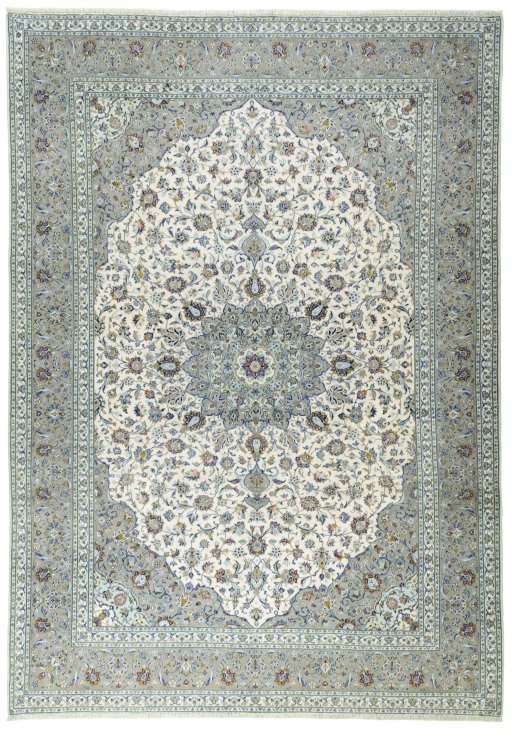 Full view of 2000s Kashan rug from Iran / Persia, 418 × 296 cm in Beige tones