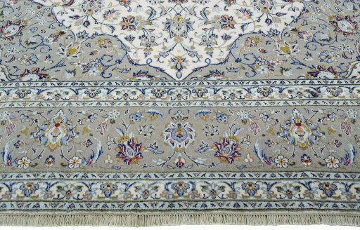 Full view of 2000s Kashan rug from Iran / Persia, 418 × 296 cm in Beige tones