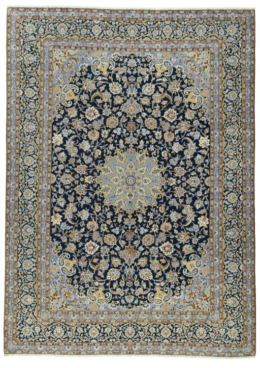 Full view of 2000s Kashan rug from Iran / Persia, 404 × 292 cm in Blue tones