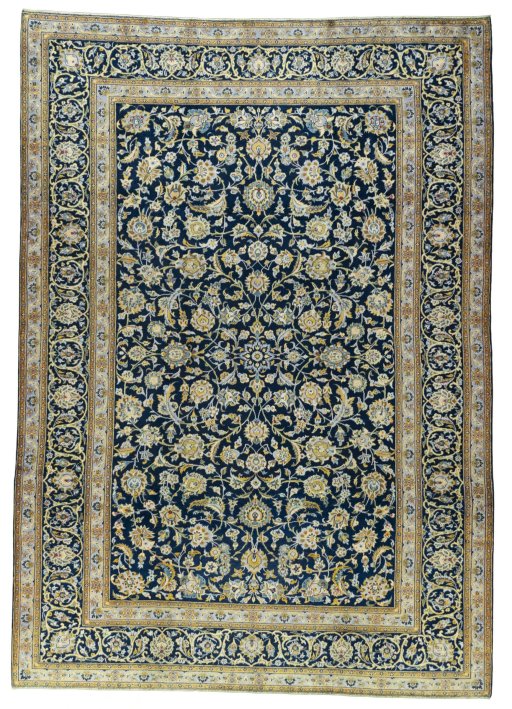Full view of 2000s Kashan rug from Iran / Persia, 378 × 268 cm in Blue tones