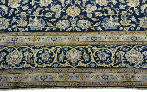 Full view of 2000s Kashan rug from Iran / Persia, 378 × 268 cm in Blue tones