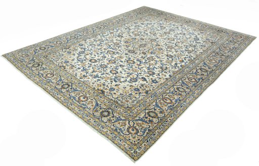 Corner detail of 2000s Kashan rug showing border pattern and Wool pile