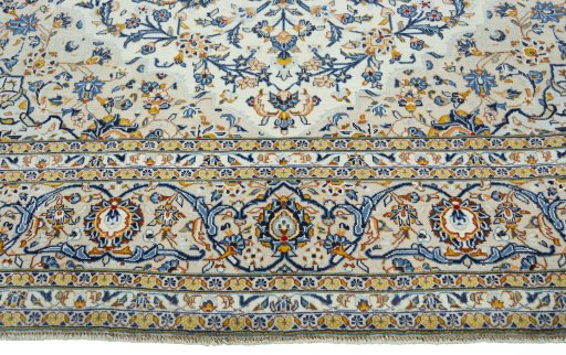 Full view of 2000s Kashan rug from Iran / Persia, 405 × 295 cm in Beige tones