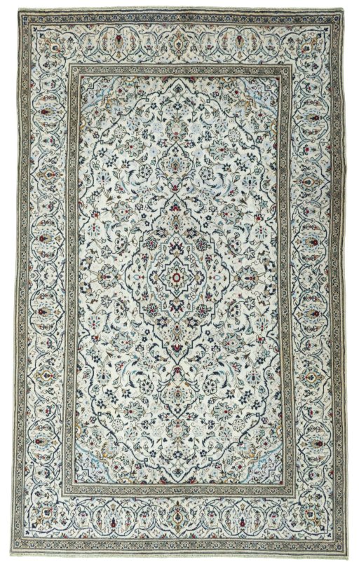 Full view of 2000s Kashan rug from Iran / Persia, 311 × 188 cm in Beige tones