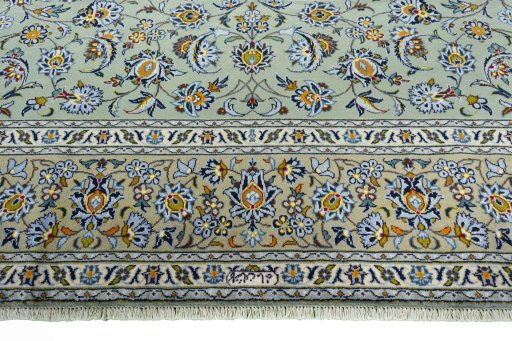 Full view of 2000s Kashan rug from Iran / Persia, 390 × 280 cm in Green tones