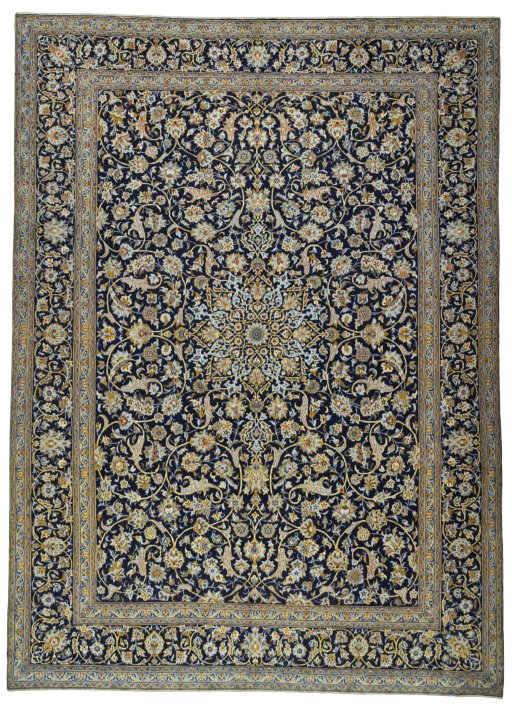 Full view of 2000s Kashan rug from Iran / Persia, 413 × 301 cm in Blue tones