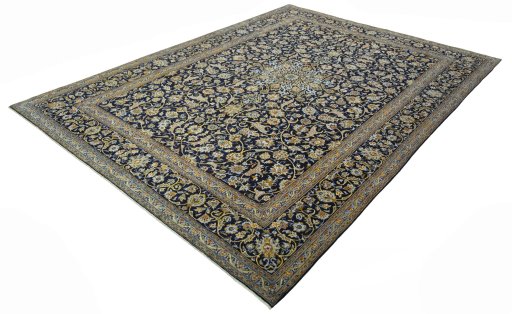 Corner detail of 2000s Kashan rug showing border pattern and Wool pile