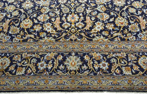 Full view of 2000s Kashan rug from Iran / Persia, 413 × 301 cm in Blue tones