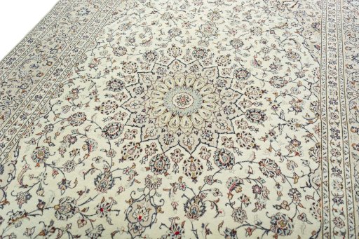Backside of handmade 2000s Kashan rug showing knot structure and weave density