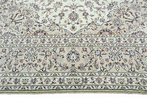 Full view of 2000s Kashan rug from Iran / Persia, 346 × 238 cm in Beige tones