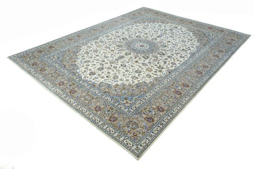 Corner detail of 2000s Kashan rug showing border pattern and Wool pile