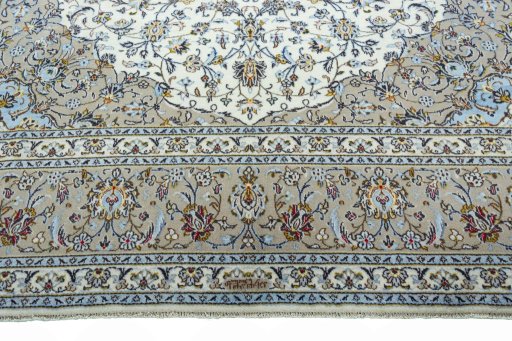 Full view of 2000s Kashan rug from Iran / Persia, 397 × 296 cm in Beige tones
