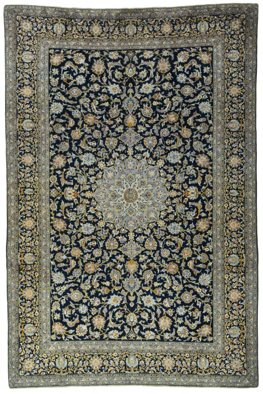 Full view of 2000s Kashan rug from Iran / Persia, 440 × 294 cm in Blue tones