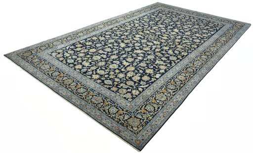 Corner detail of 2000s Kashan rug showing border pattern and Wool pile