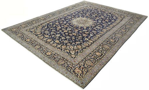 Corner detail of 2000s Kashan rug showing border pattern and Wool pile