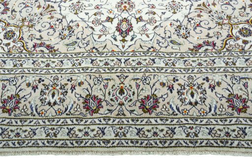 Full view of 2000s Kashan rug from Iran / Persia, 343 × 245 cm in Beige tones