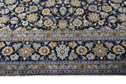 Full view of 2000s Kashan rug from Iran / Persia, 393 × 301 cm in Blue tones