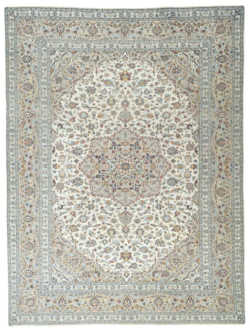 Full view of 2000s Kashan rug from Iran / Persia, 394 × 297 cm in Beige tones