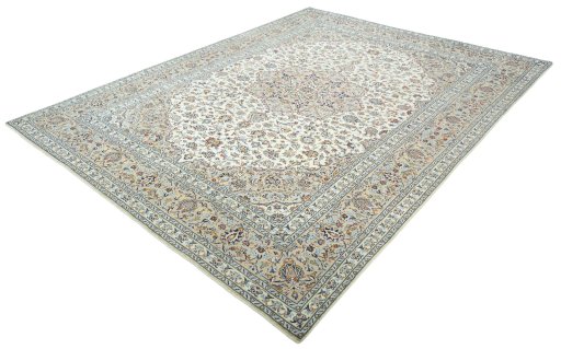 Corner detail of 2000s Kashan rug showing border pattern and Wool pile