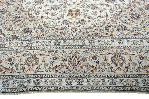 Full view of 2000s Kashan rug from Iran / Persia, 394 × 297 cm in Beige tones