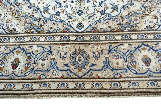 Full view of 2000s Kashan rug from Iran / Persia, 297 × 192 cm in Beige tones