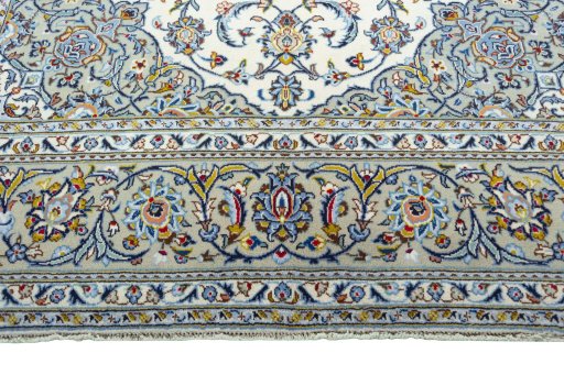 Full view of 2000s Kashan rug from Iran / Persia, 325 × 205 cm in Beige tones