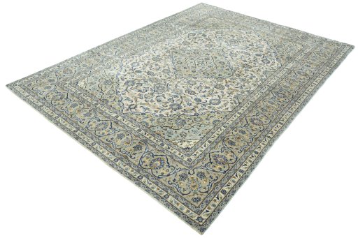Corner detail of 2000s Kashan rug showing border pattern and Wool pile