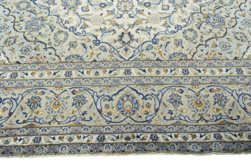 Full view of 2000s Kashan rug from Iran / Persia, 340 × 250 cm in Beige tones