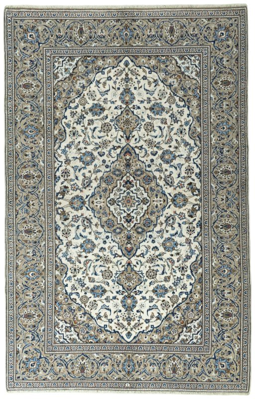 Full view of 2000s Kashan rug from Iran / Persia, 305 × 195 cm in Beige tones