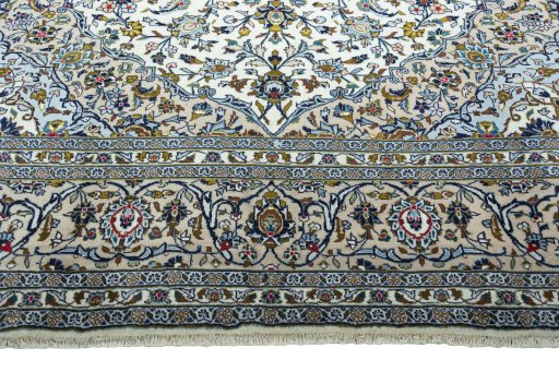 Full view of 2000s Kashan rug from Iran / Persia, 395 × 293 cm in Beige tones