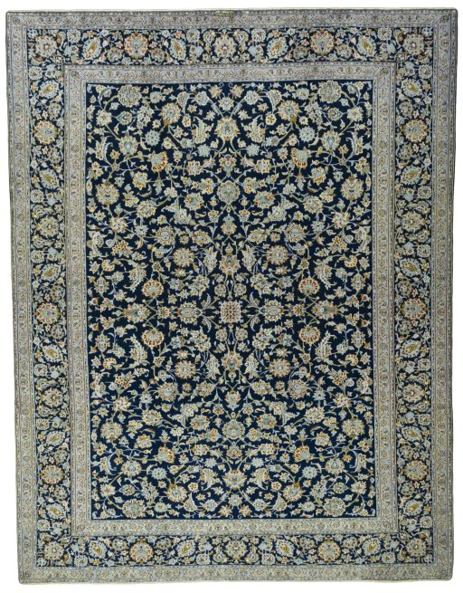 Full view of 2000s Kashan rug from Iran / Persia, 400 × 310 cm in Blue tones