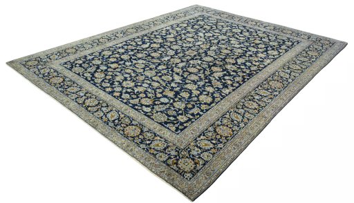 Corner detail of 2000s Kashan rug showing border pattern and Wool pile