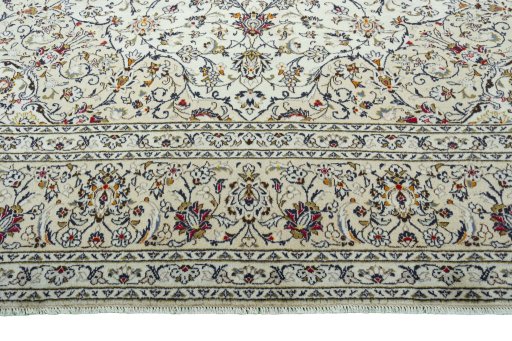 Full view of 2000s Kashan rug from Iran / Persia, 395 × 297 cm in Beige tones