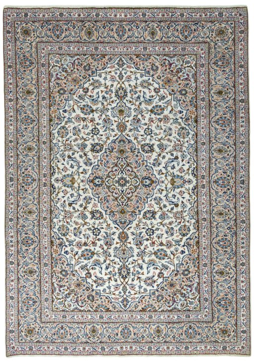 Full view of 2000s Kashan rug from Iran / Persia, 407 × 286 cm in Beige tones