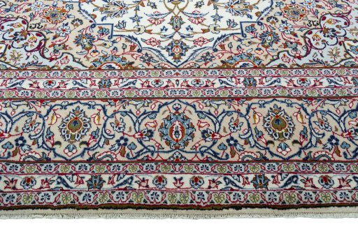 Full view of 2000s Kashan rug from Iran / Persia, 407 × 286 cm in Beige tones