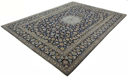 Corner detail of 2000s Kashan rug showing border pattern and Wool pile