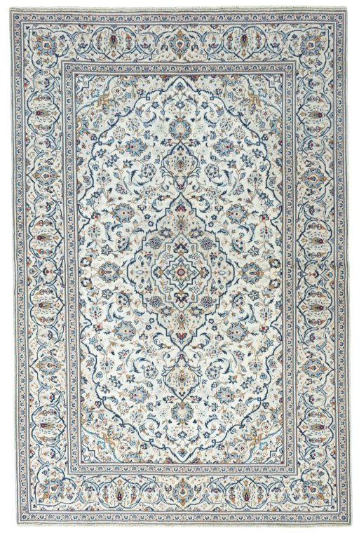 Full view of 2000s Kashan rug from Iran / Persia, 300 × 195 cm in Beige tones