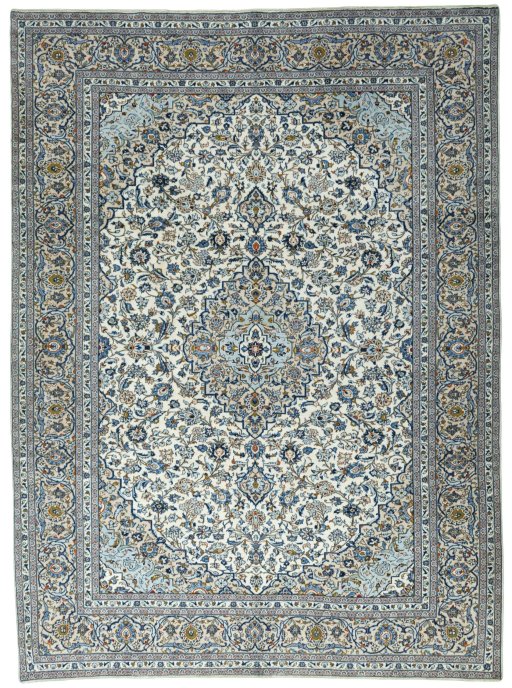 Full view of 2000s Kashan rug from Iran / Persia, 393 × 290 cm in Beige tones