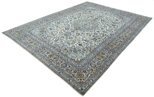 Corner detail of 2000s Kashan rug showing border pattern and Wool pile