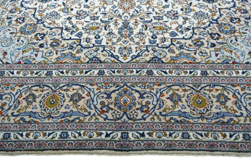 Full view of 2000s Kashan rug from Iran / Persia, 393 × 290 cm in Beige tones
