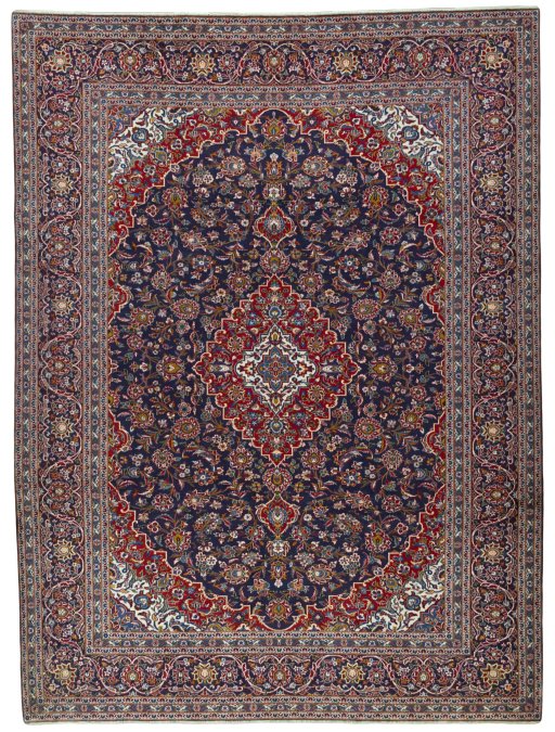 Full view of 2000s Kashan rug from Iran / Persia, 410 × 308 cm in Blue tones