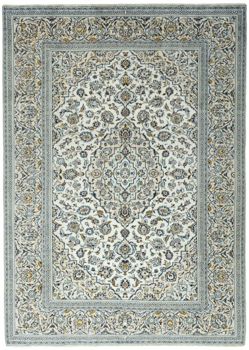 Full view of 2000s Kashan rug from Iran / Persia, 344 × 246 cm in Beige tones