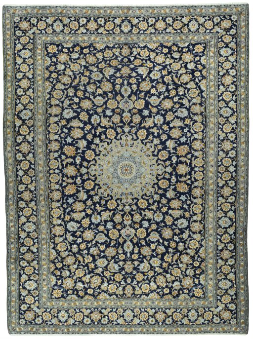 Full view of 1970s Kashan rug from Iran / Persia, 402 × 300 cm in Blue tones
