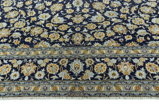 Full view of 1970s Kashan rug from Iran / Persia, 402 × 300 cm in Blue tones